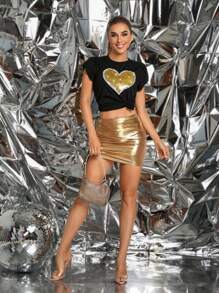 Zolique Patchwork Glitter Heart Pattern Petal Sleeve T-Shirt - Black - View 4