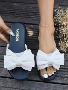 女式蝴蝶結裝飾舒適加大尺寸黑色楔型厚底涼鞋，夏季戶外海灘鞋 - 白色 - 查看 1