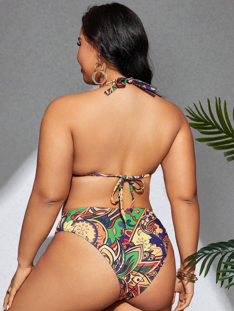 Plus Size Vintage Printed Bra Top, Swim Shorts, And Cover Up Tankini 3 Pieces Set Summer