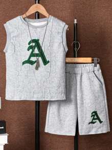 SHEIN Tween Boys' Comfortable Letter Printed Tank Top And Shorts Set - Light Grey - View 6