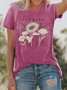INAWLY Floral And Letter Printed Short Sleeve T-Shirt Graphic Tees Women Tops