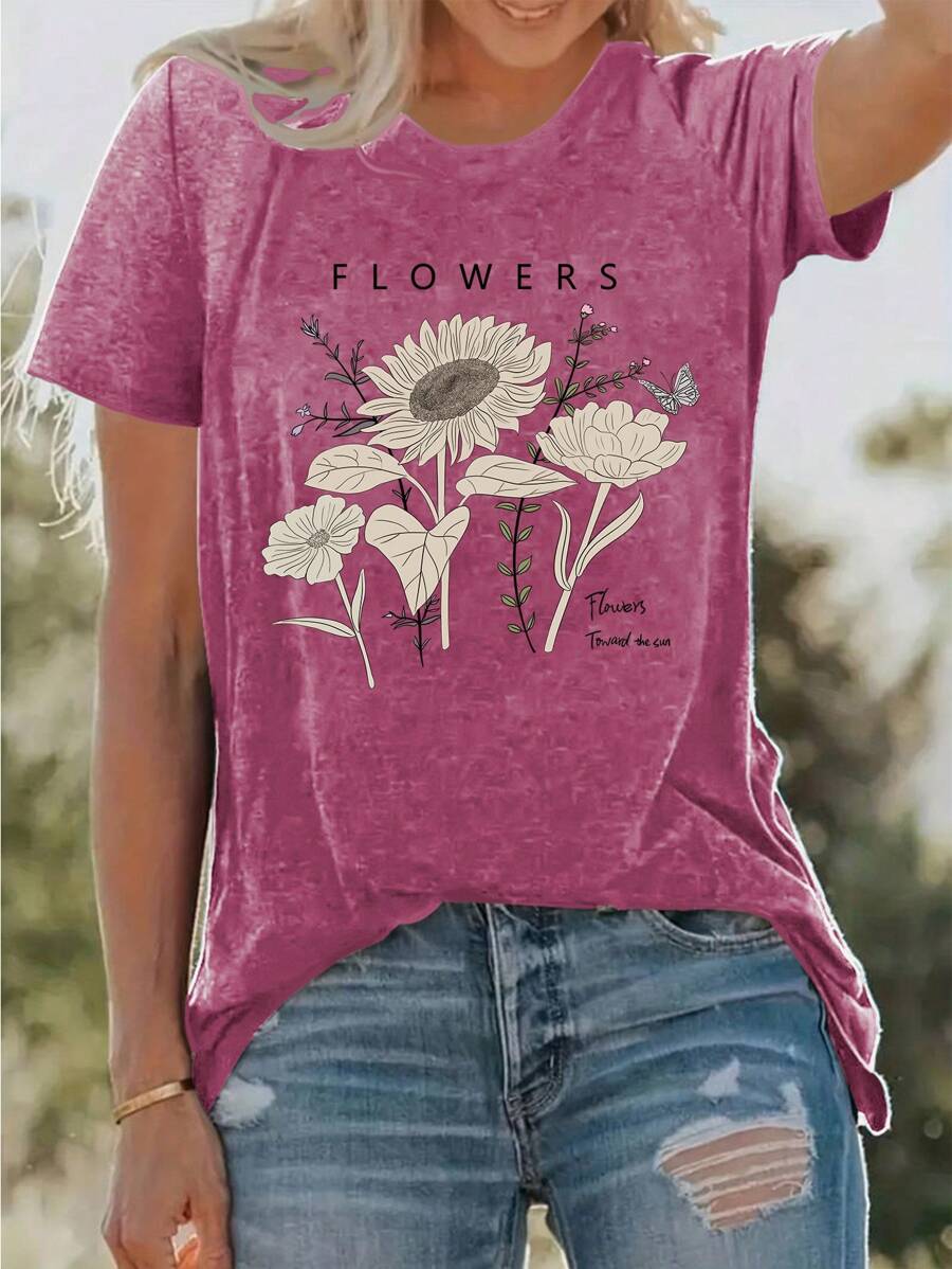INAWLY Floral And Letter Printed Short Sleeve T-Shirt Graphic Tees Women Tops