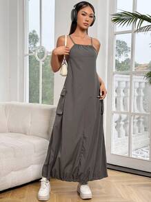 SHEIN Unity Women's Solid Color Cargo Pocketed Cami Dress Maxi Women Outfit - Grey - View 6