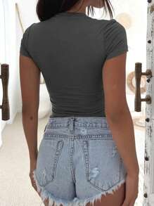 INAWLY Màu thuần Thon gọn Vòng cổ Ngắn tay Áo thun - Màu xám đen - Xem 2