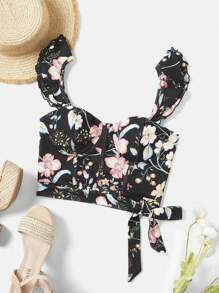 SHEIN VCAY Women's Vacation Style Floral Printed Ruffle Hem Tank Top