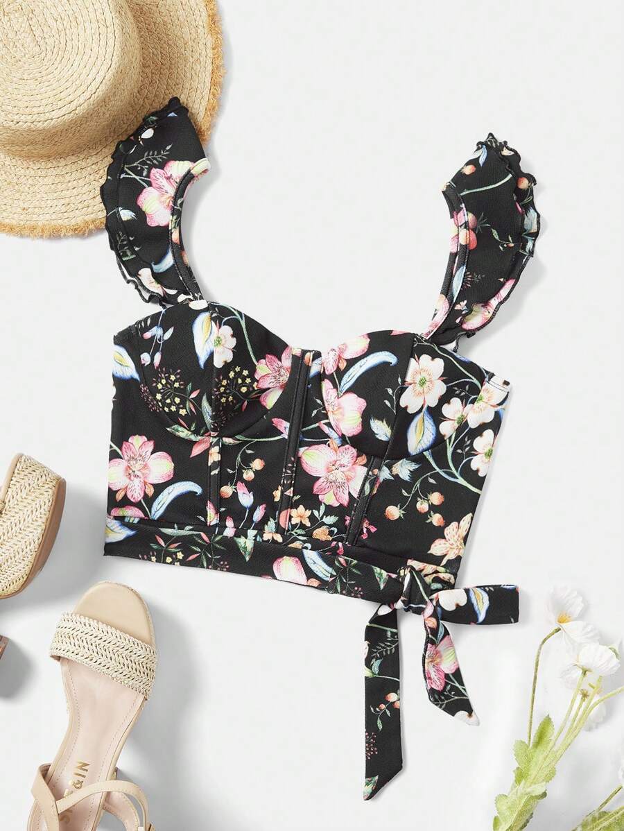 SHEIN VCAY Women's Vacation Style Floral Printed Ruffle Hem Tank Top