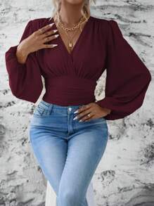 SHEIN Clasi Camisa de manga larga con cintura acaparada y recogida en un solo color