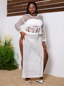 Slaydiva Women's Plus Size 2pcs/Set Sexy Solid Color Sweater With Fringe Drop Shoulder And Hollow Knit Midi Skirt With Slit, Perfect For Holiday, Summer - White - View 4