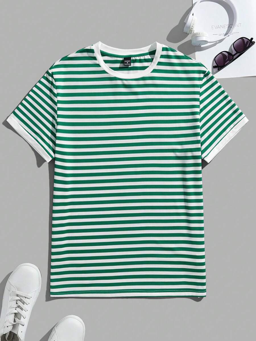 SWAVVY Men's Slim-Fit Striped Round Neck T-Shirt, Summer - Green - View 1