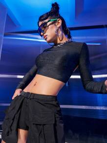 Innovista Áo thun crop top hở lưng in họa tiết tie-dye, trang phục cơ bản mùa thu phù hợp, tập luyện thể dục hàng ngày, áo thun cơ bản, áo tập luyện - màu đen - Xem 2