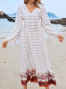 Seusyu Women'S Geometric Pattern Fringe Embellished Dress - Multicolor - View 5