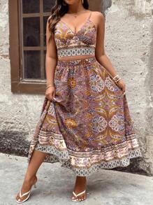 Breezaya Plus Size Women's Floral Printed Crop Top With Spaghetti Straps And Ruffled Hem Midi Skirt Two-Piece Set - Multicolor - View 1