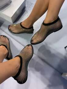 Ladies' Fashionable Mesh Nude Short Boots Whit Sweater With Rhinestones - Black - View 2