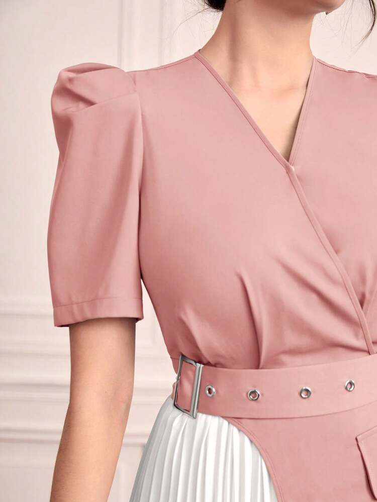 Color Block Belted Pleated Hem Dress Long Evening Dresses