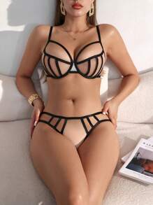 SHEIN Women's Sexy Mesh Hollow Out Lingerie Set - Black - View 1