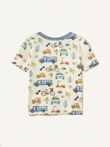 Cozy Pixies Baby Boy's Cartoon Car Pattern Color Block Short Sleeve Top And Footed Pants Snug Fit Pajama Set