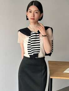 DAZY Patchwork Striped Knit Sweater With Round Neckline - Black - View 7