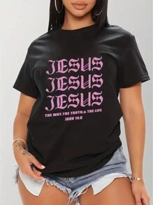 Kurzärmliges Damen-t-shirt Mit Bedrucktem Slogan - Schwarz - Übersicht 1