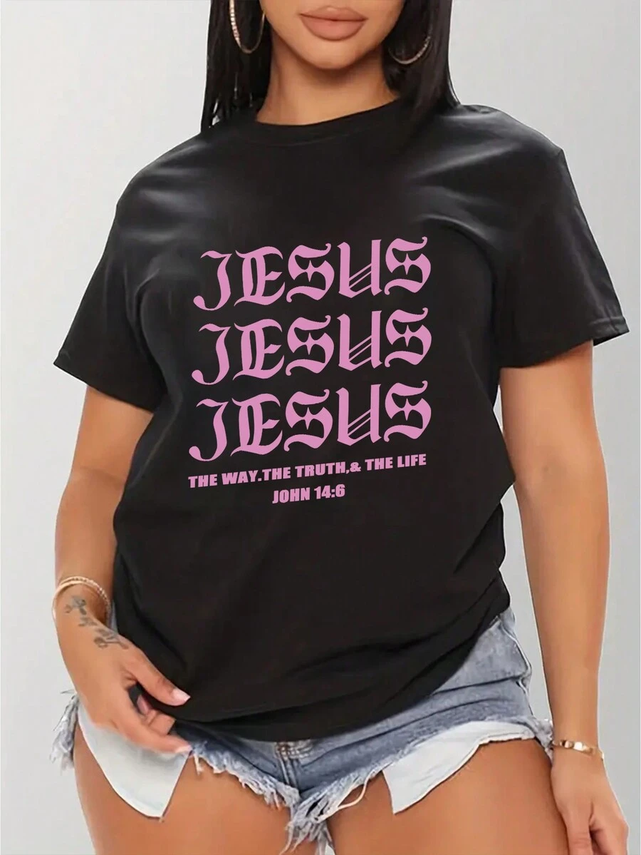 Kurzärmliges Damen-t-shirt Mit Bedrucktem Slogan - Schwarz - Übersicht 1