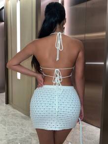 Zolique 女士露背扣結領口毛衣套裝 - 白色 - 查看 2