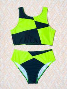 Teen Girl Cute Two-Tone Neon Bikini Set, Bathing Suit Beach Outfit Summer Vacation - Multicolor - View 5