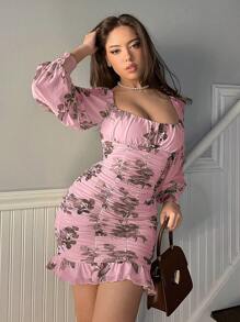 SHEIN Privé 女性聖誕節/情人節派對柔軟浪漫優雅印花裙子,配褶皺 - 粉色 - 查看 5