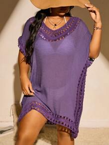 Swim Vcay Summer Beach Plus Size Crochet Patchwork Batwing Sleeve Cover Up Dress, Short Sleeve Cruise Outfit Beach Outfit Vacay Vibe - Purple - View 4