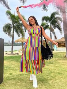 Flirla Plus Size Women's Striped Cami Dress - Multicolor - View 5