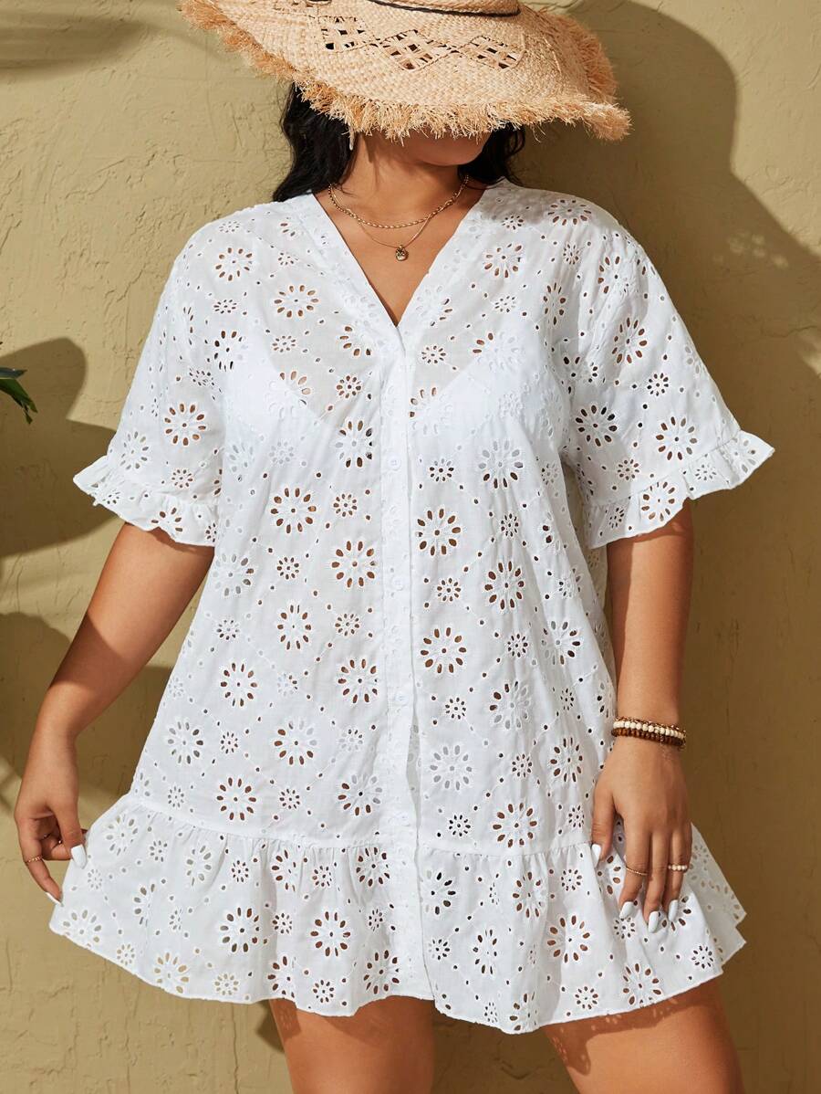 Swim Vcay 加大碼空心刺繡荷葉邊和服外套,適用於沙灘度假時尚穿搭 - 白色 - 查看 1