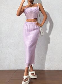 Flirla Solid Color Pleated Texture Cami Top & Elastic Waist Skirt - Mauve Purple - View 4