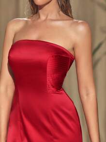 THE CHIA CEREAL Designer Side Striped Split Front Strapless Mini Dress,Summer Elegant Dress, For Holiday, Festival - Burgundy - View 7