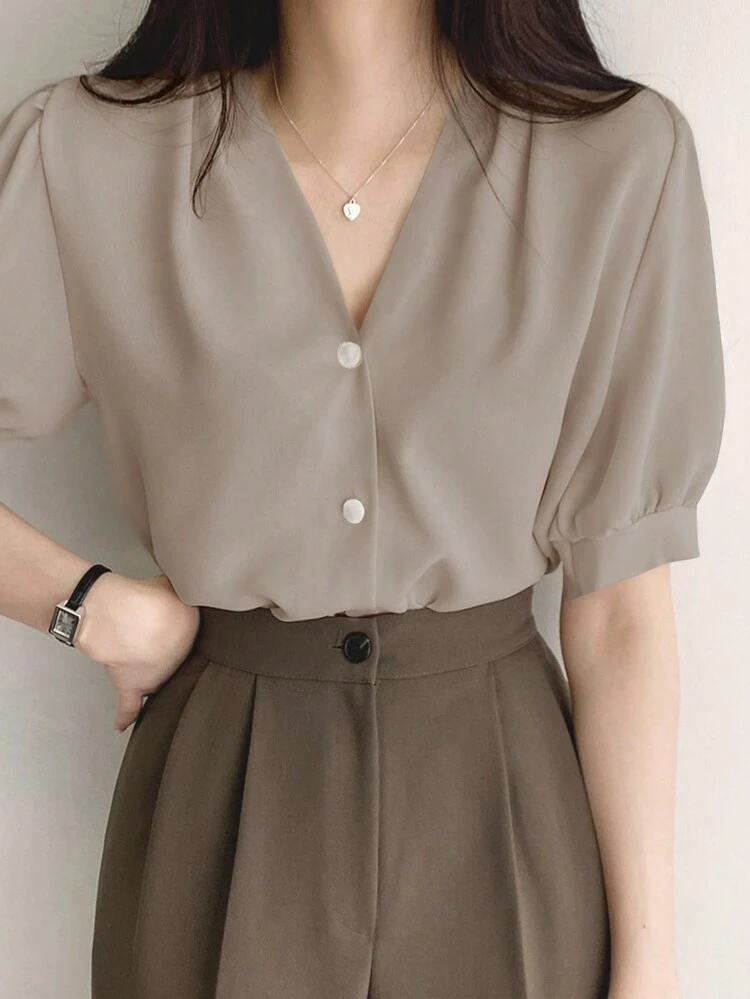 Solid Color V-Neck Front Button Short-Sleeve Shirt,Business Casual Women