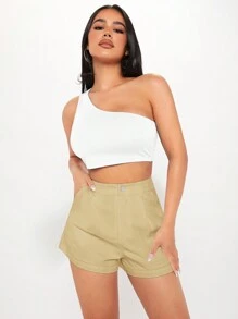 SHEIN PETITE Women's Solid Color Shorts With Pockets - Khaki - View 3