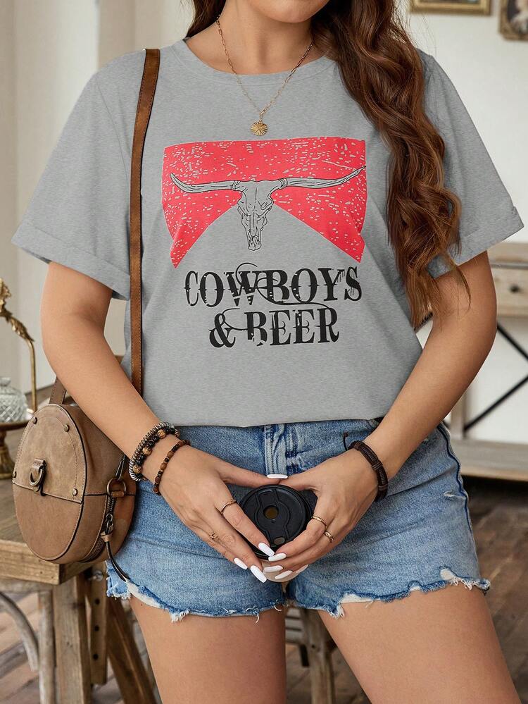 Plus Size Casual Bull Head And Letter Print Summer T-Shirt