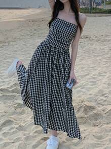 假日风格方格露肩连衣裙