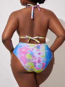 SHEIN Swim Curve Plus Size Women's Tie Dye Print Halter Neck Three Pieces Separated Swimwear Set - Multicolor - View 5