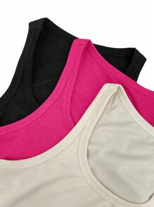 SHEIN ChicEase Solid Color Ribbed Pleated Slim Fit Tank Top With Round Neck - Multicolor - View 7