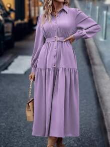 SHEIN LUNE 純色燈籠袖扣前襯衫連衣裙 - 紫色 - 查看 6