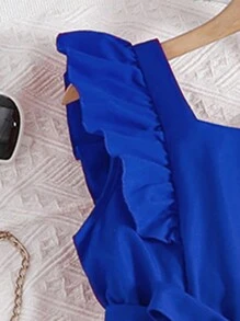 SHEIN Conjunto de 2 piezas con top de cuello cuadrado con ribete de volantes y pantalones para niña preadolescente - Azul - Ver 5