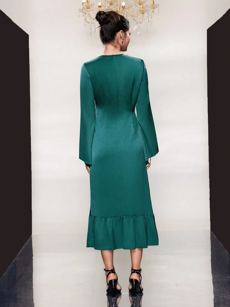 Ladies' V-Neck Flared Sleeve Ruffle & Fish Tail Hem Dress Long Evening Dresses