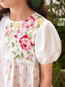 SHEIN 少女款編織花卉印花圓領寬鬆休閒度假裙,泡泡袖設計 - 彩色 - 查看 6