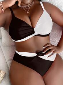 SHEIN Swim Curve Summer Beach Plus Size Women's Ruched Color Block Bikini Set