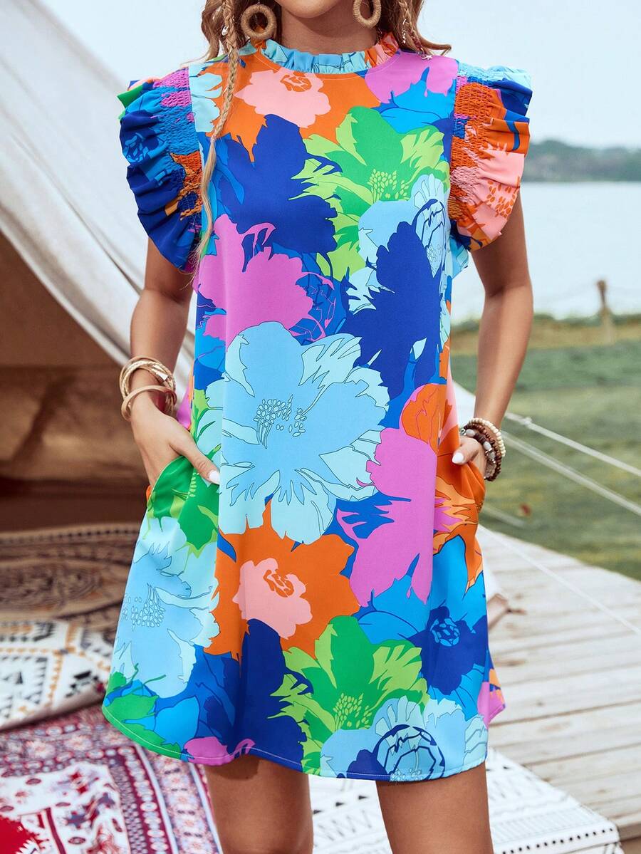 Princess Sleeve Ruffle Tropical Floral Dress With Pocket For Holiday & Casual - Blue - View 1