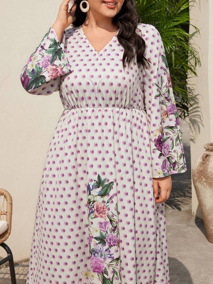 Plus Size Women's Arabic Style Printed Cinching Waist Dress