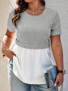 Elenzga Plus Size Color Block & Beaded Decorated 2 In 1 T-Shirt - Grey - View 3