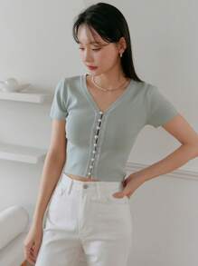 DAZY 纯色针织短袖 V 领纽扣女式夏季上衣 - 綠色 - 查看 5