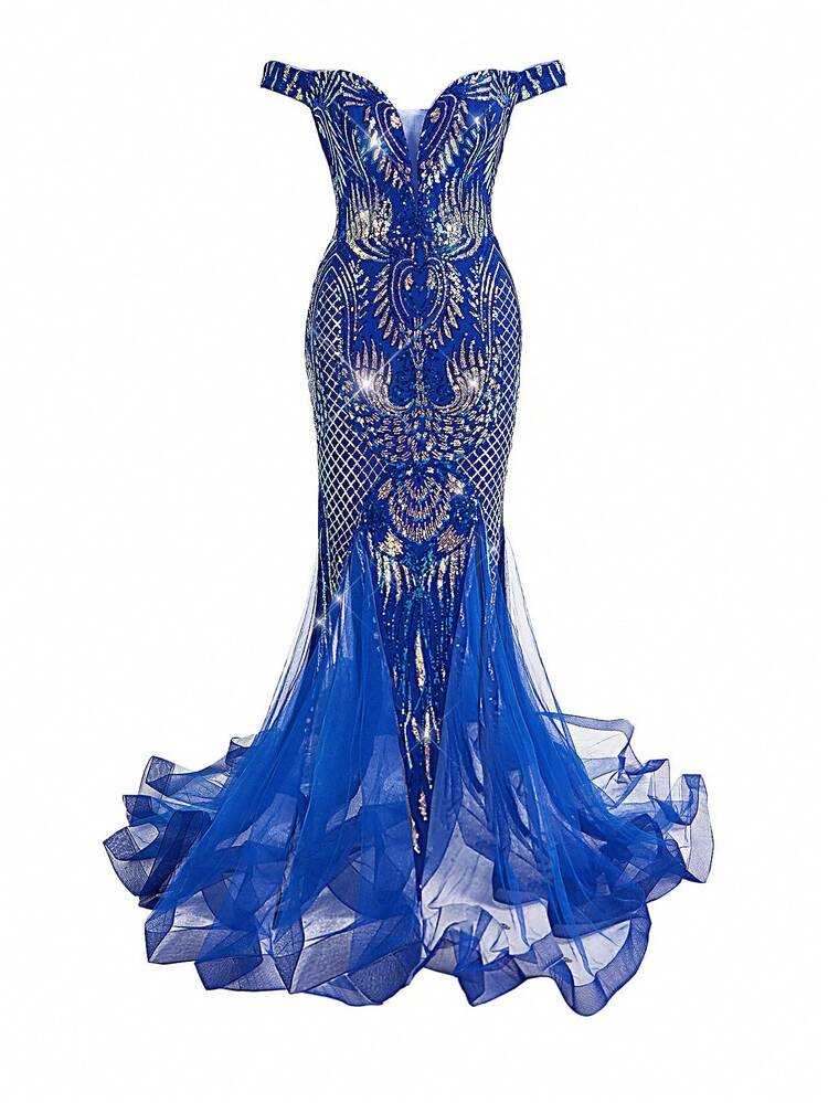 Glittering Off Shoulder Mesh Mermaid Hem Dress With Back Tied Strap For Evening Party Gala Dress