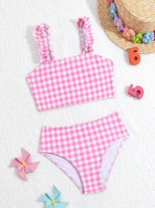 Young Girl Gingham Print Bikini Set With Frill Trim Set Summer Beach - Pink - View 1