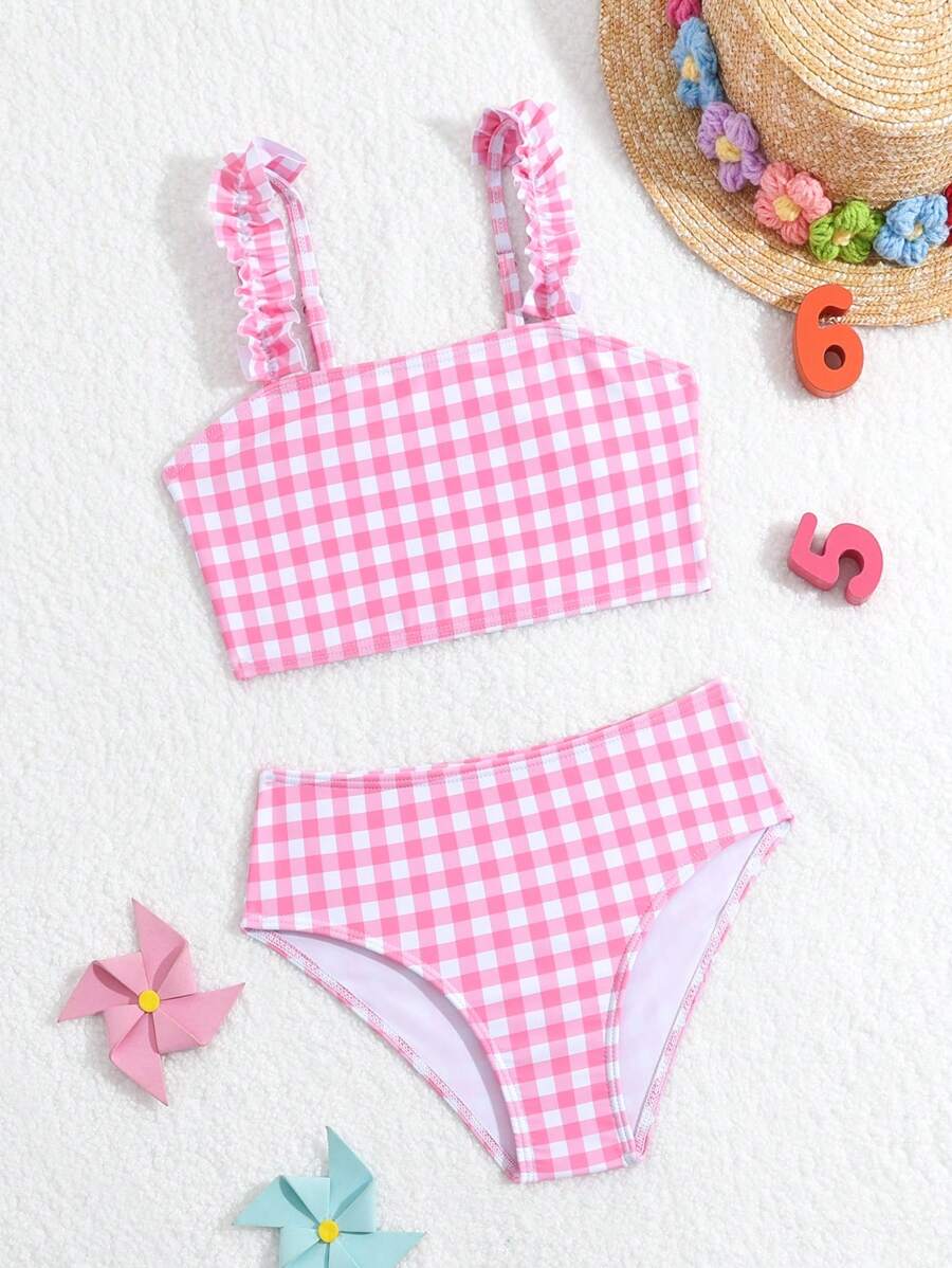 Young Girl Gingham Print Bikini Set With Frill Trim Set Summer Beach - Pink - View 1