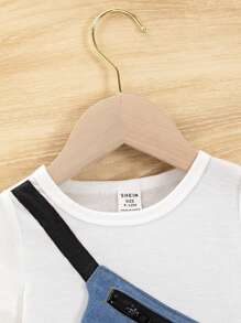 2pcs/Set Spring Summer Baby Boy White Top & Denim Zipper Fixed Bag With Light Wash Jean Shorts Fashionable Boy Outfit